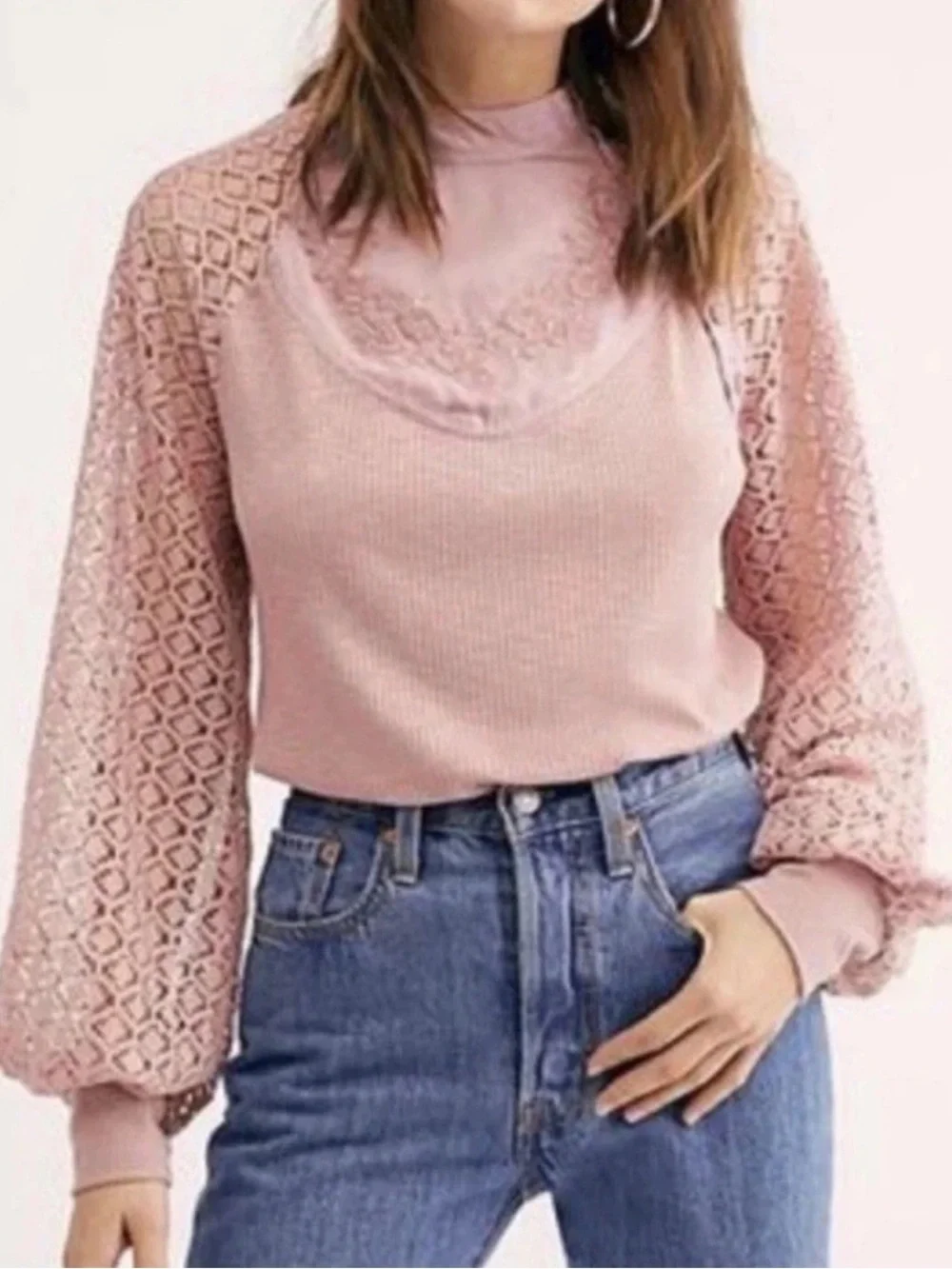 Free People Blush Pink Lace Balloon-Sleeve Top Women’s Size S